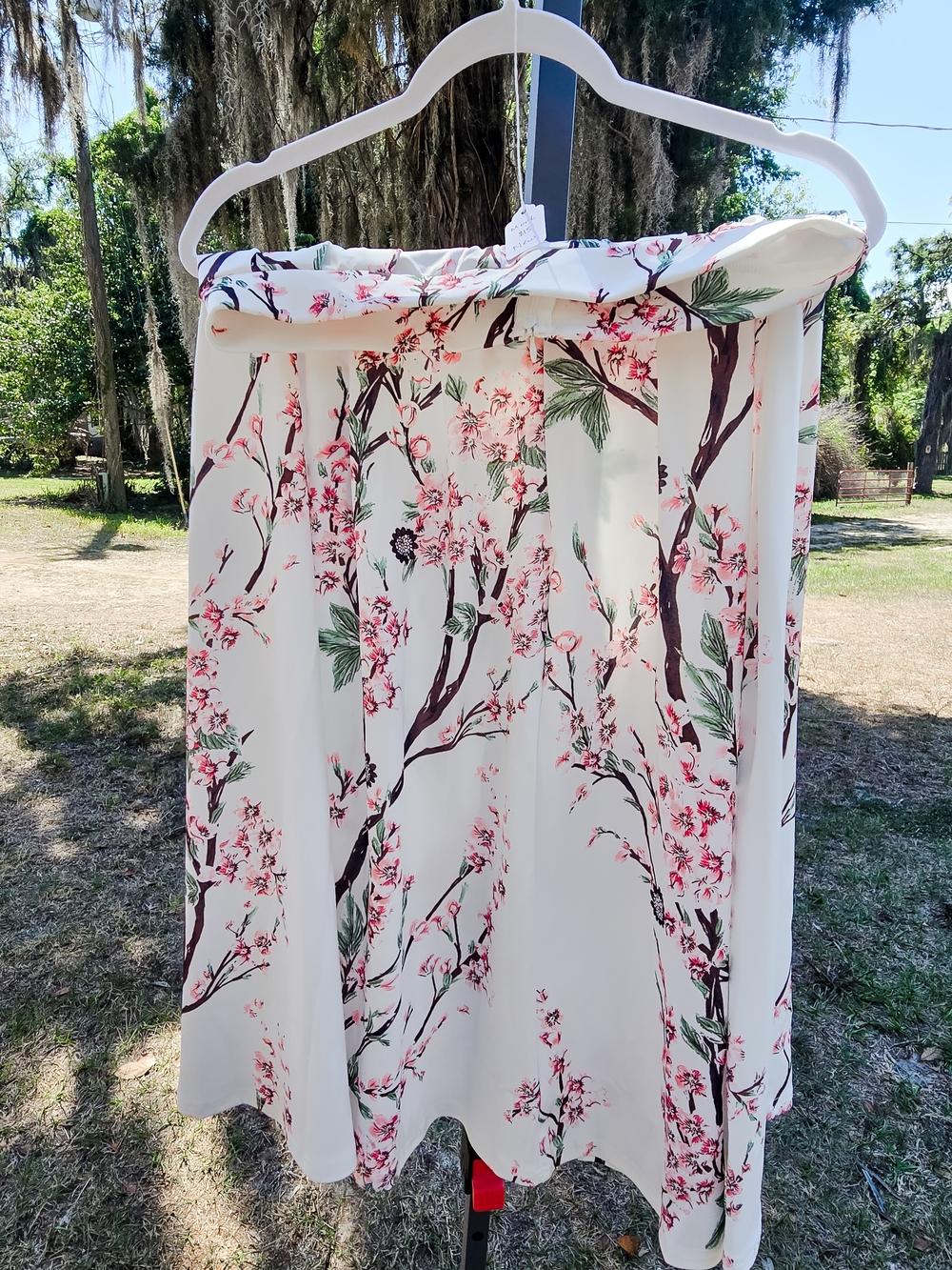 White Floral Maxi Skirt with Pink Cherry Blossom Print